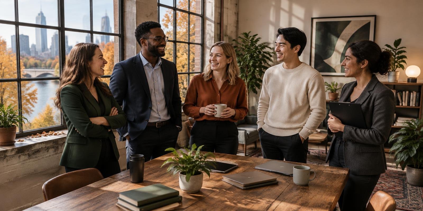 Five Thrive team members in blazers and button-downs reviewing route maps around an office table, autumn light through the windows