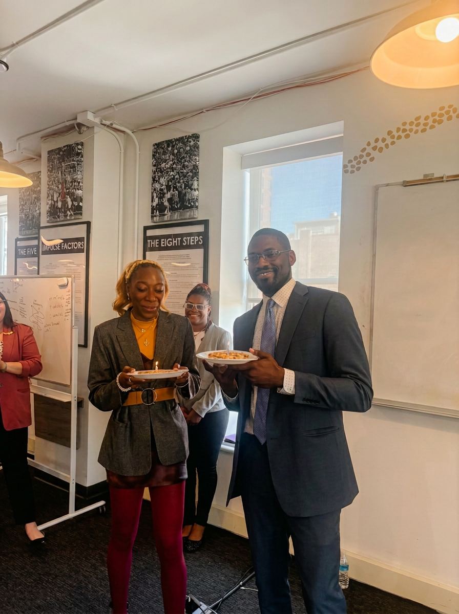 Two team members celebrating a birthday in the Thrive Columbus office