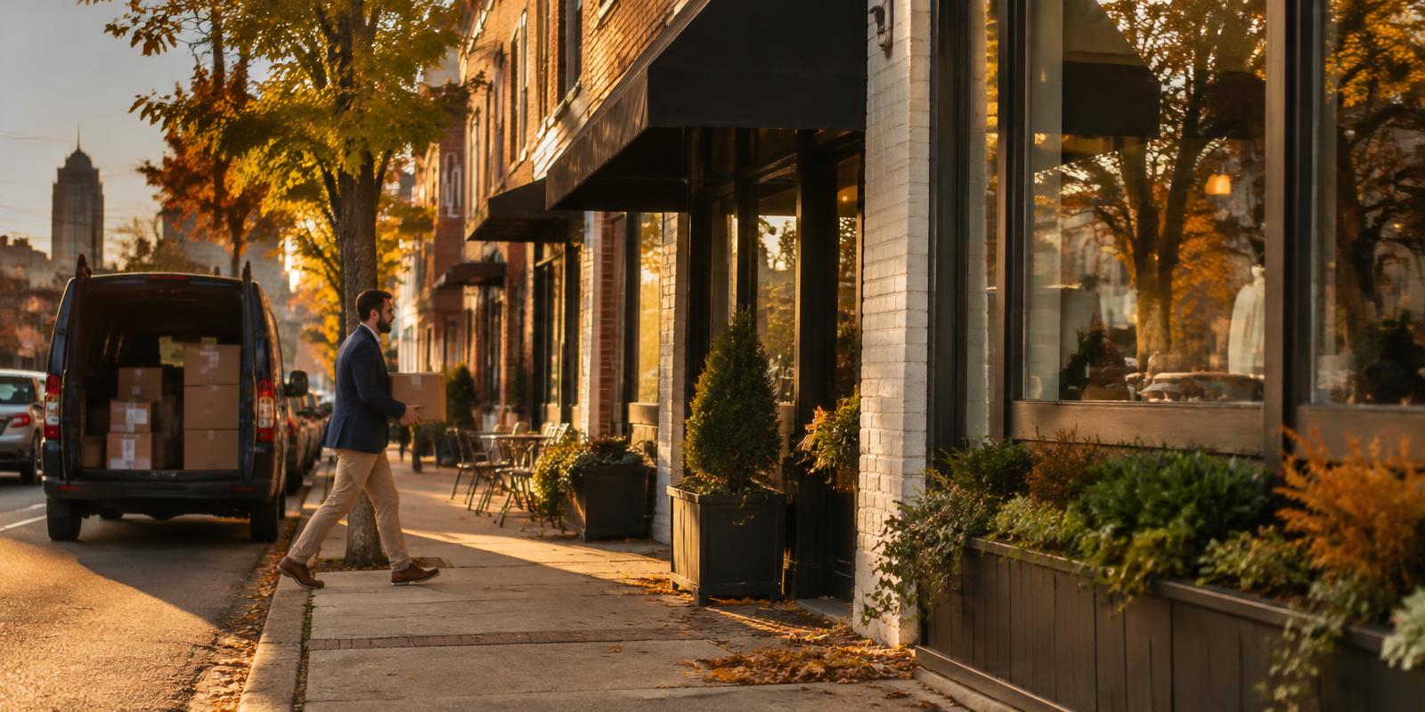 Sales rep carrying a delivery into a Columbus storefront in autumn