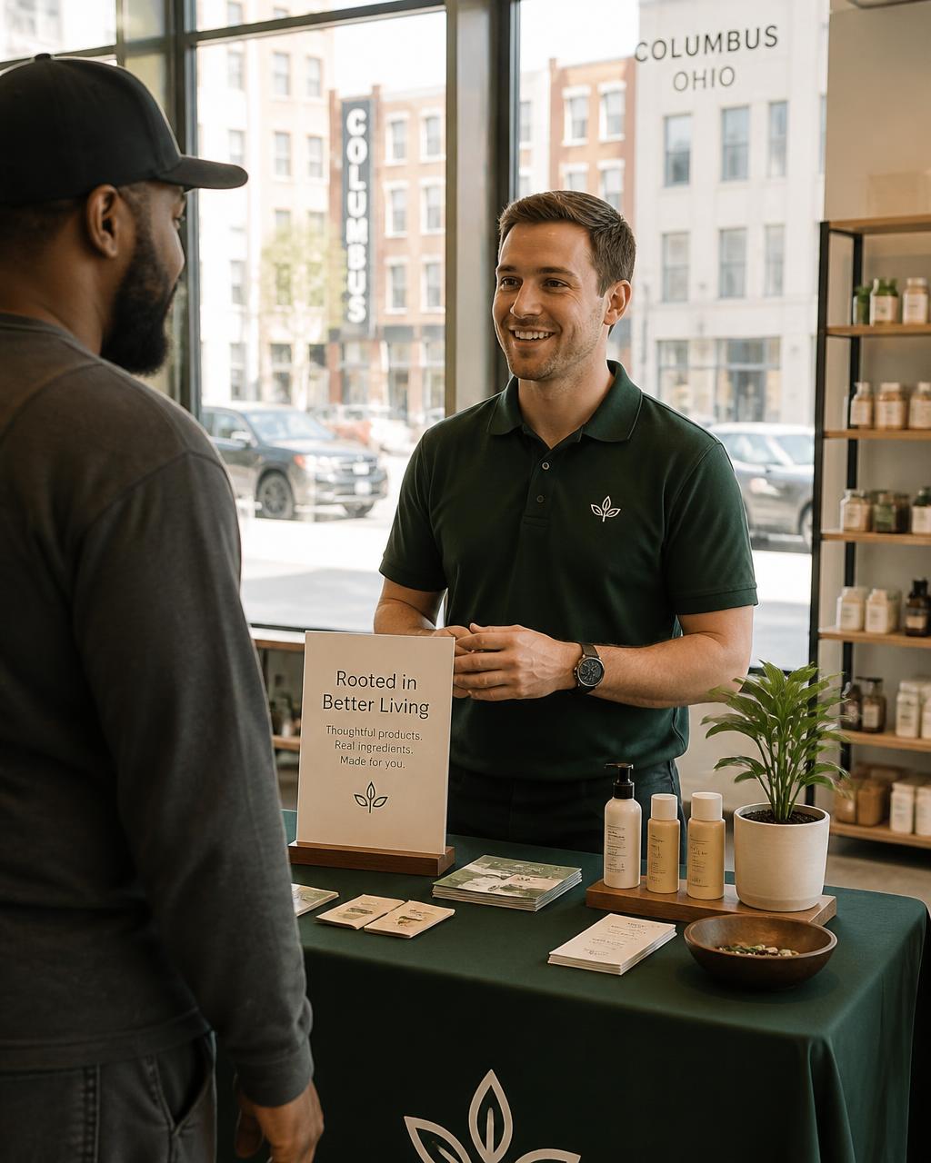 A Thrive Columbus representative talking with a customer at a retail activation in Columbus