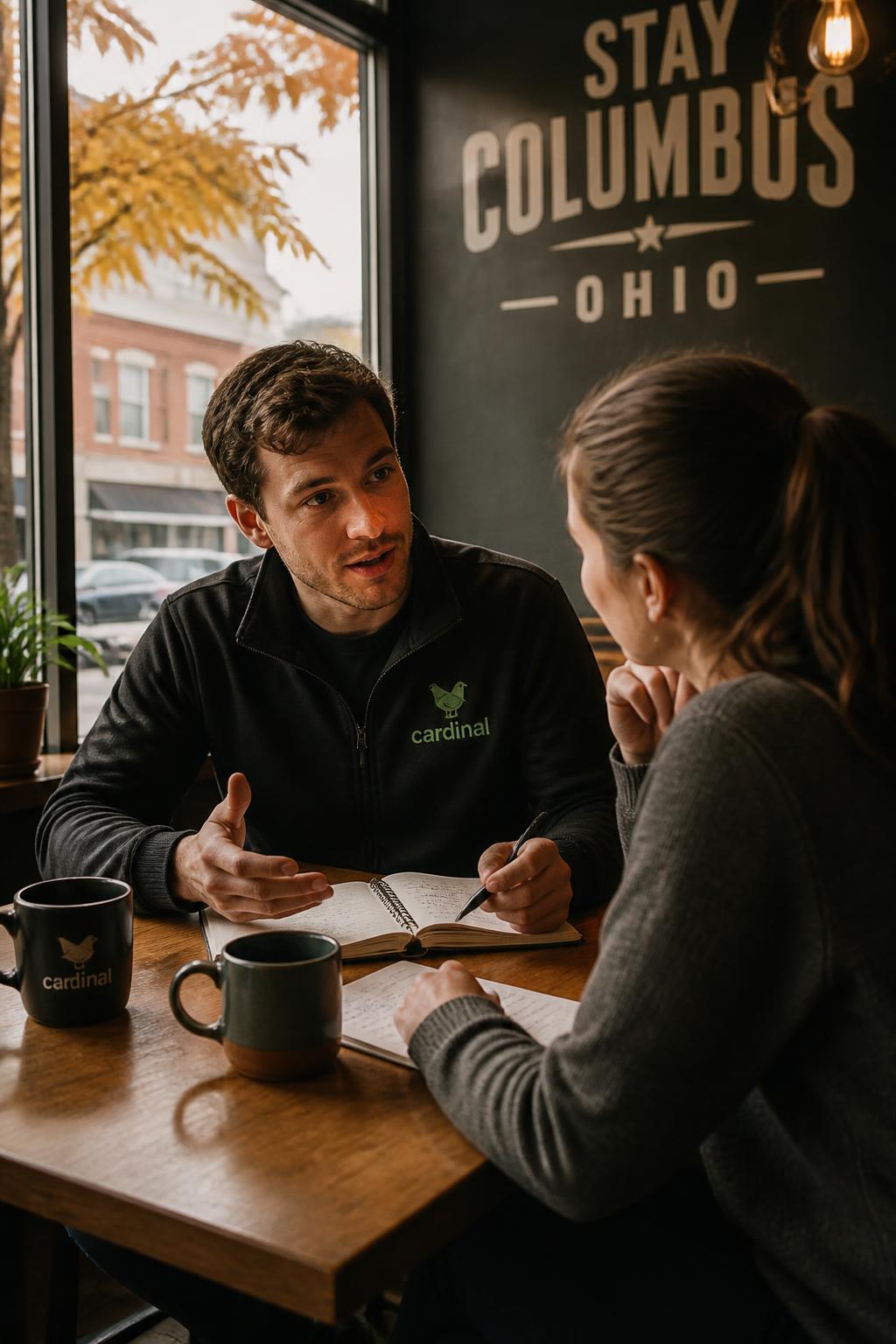 Two team members in a one-on-one coaching conversation at a Columbus cafe