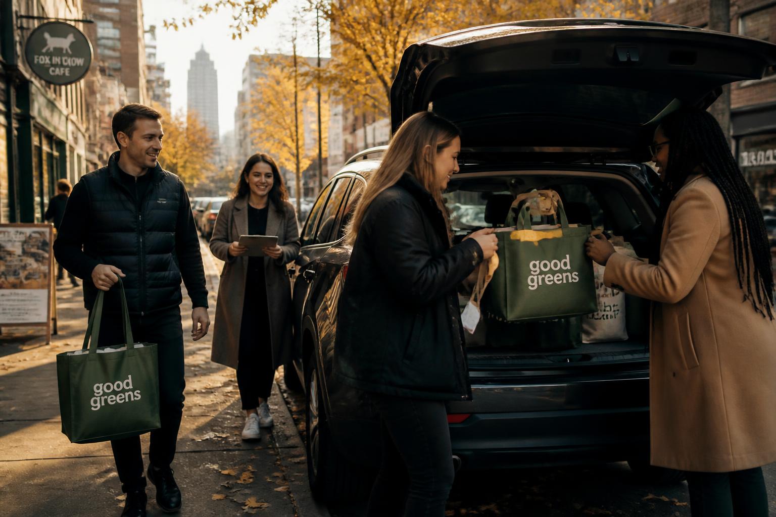 Team loading supplies into a car on a Columbus street before an event