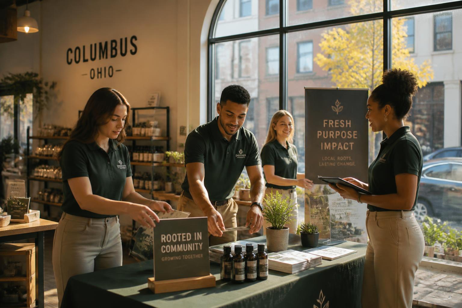 Team members setting up a promotional event inside a Columbus retail store