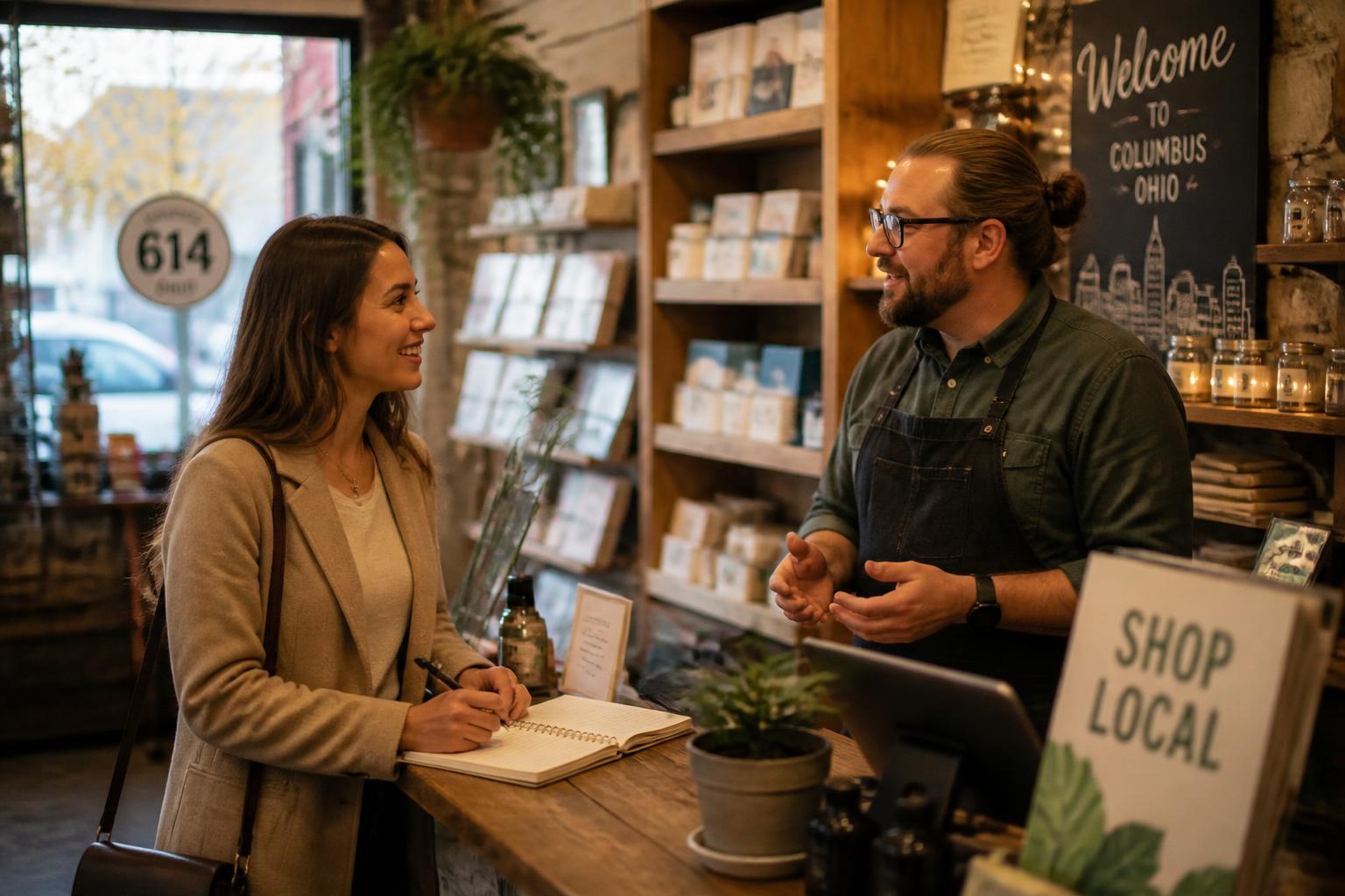 A team member talking with a retail store owner behind the counter