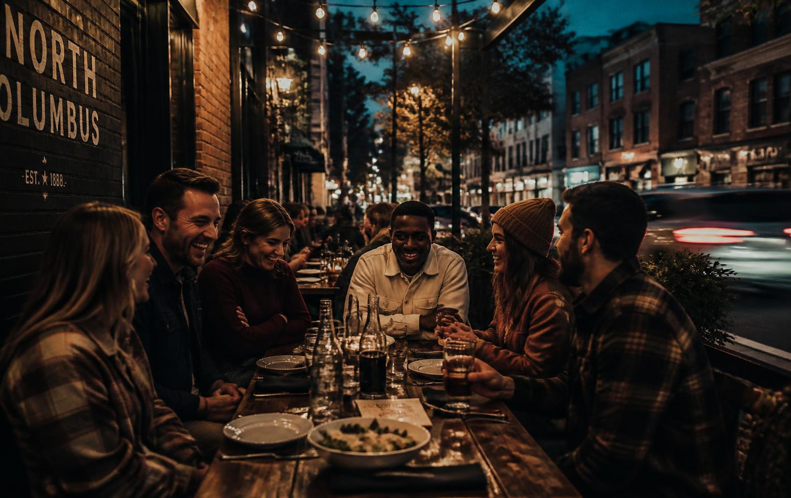 Friends and coworkers gathered at a warm outdoor table in the Short North on a cool fall evening