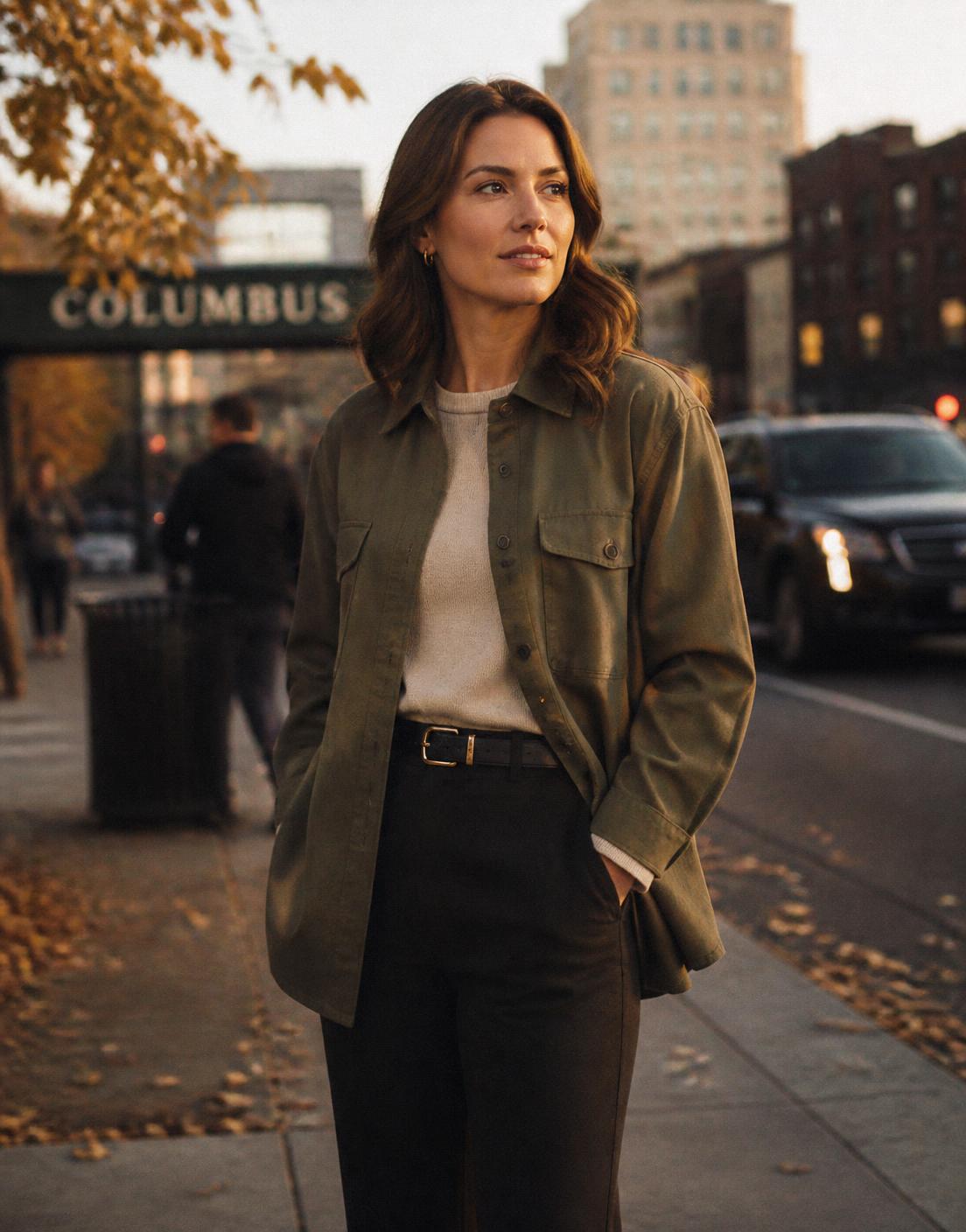 A young professional in an olive overshirt on a Columbus sidewalk in autumn light