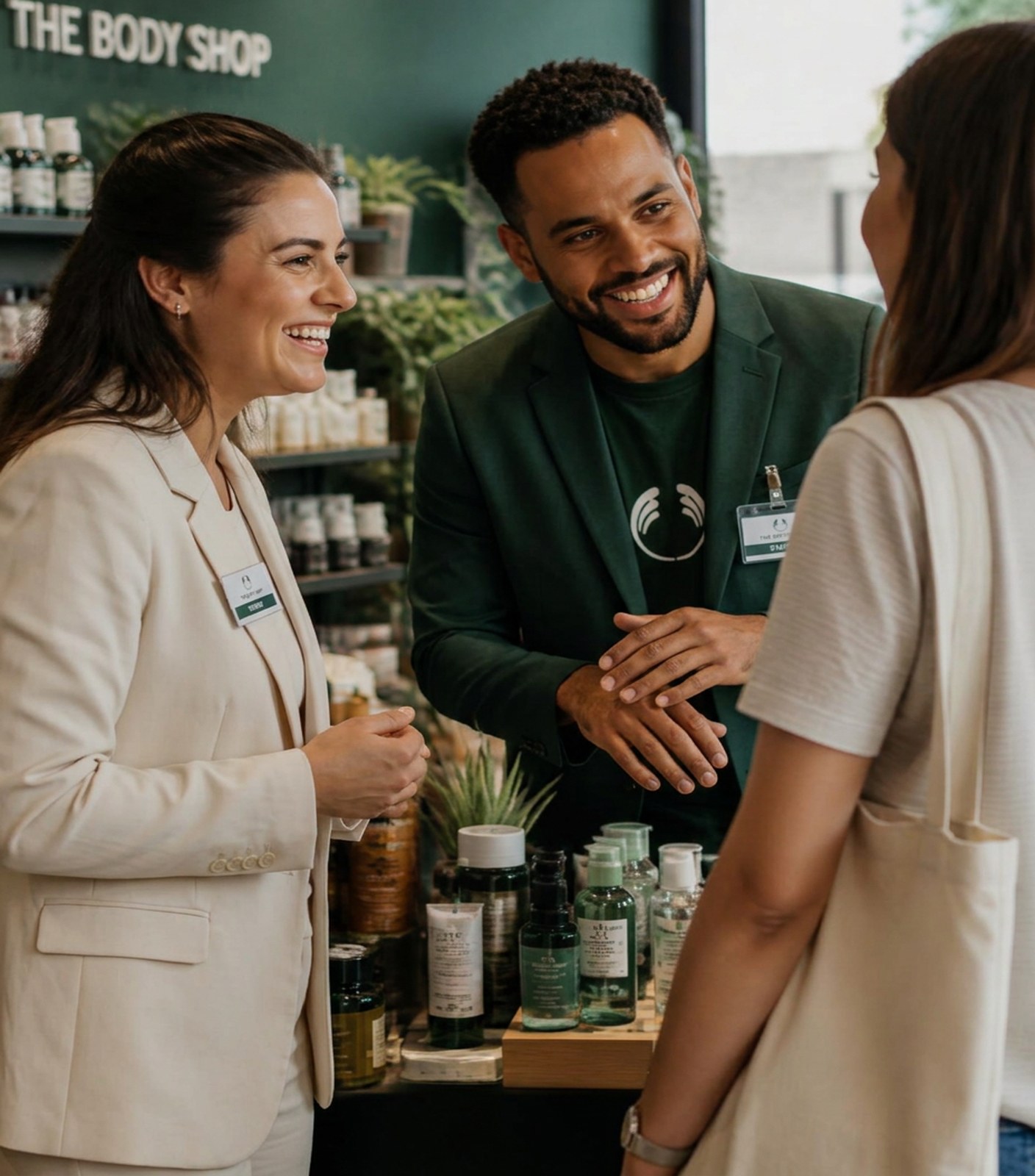 A trained sales representative talking with a store manager at a product display inside a retail store