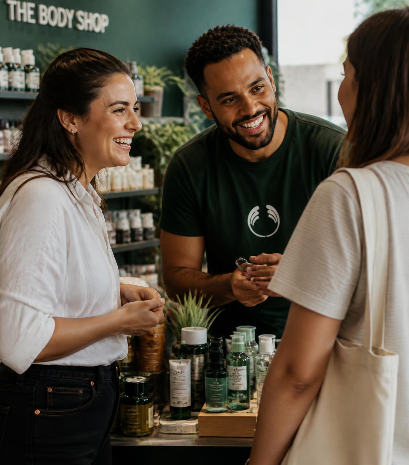 A trained brand representative talking with two customers at a product display inside a retail store