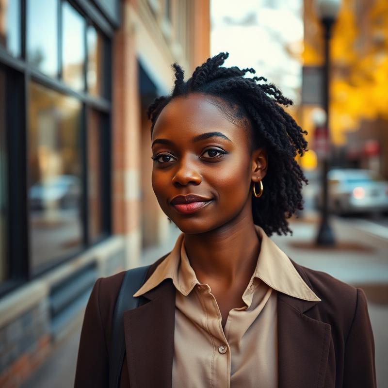 Aaliyah, a team member, standing on a Columbus sidewalk in autumn light