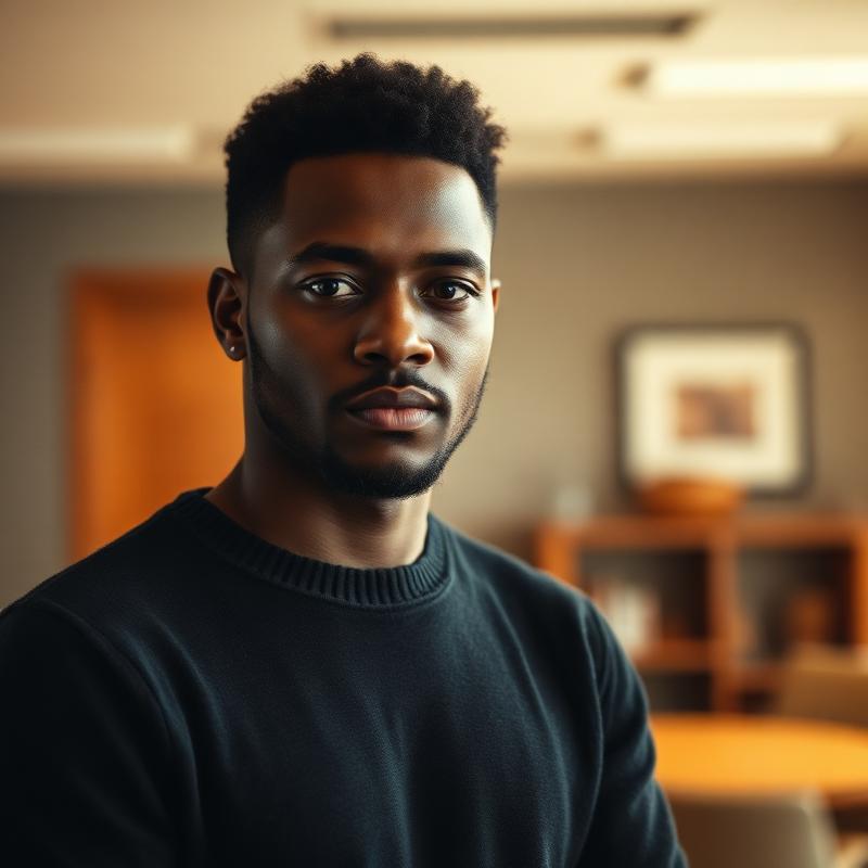 Jordan, a team member in a dark sweater, in a Columbus office at dusk