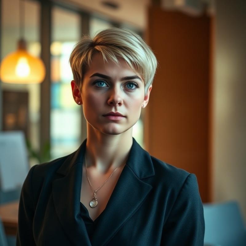 Sam, a team member in a blazer, standing in a warm Columbus office
